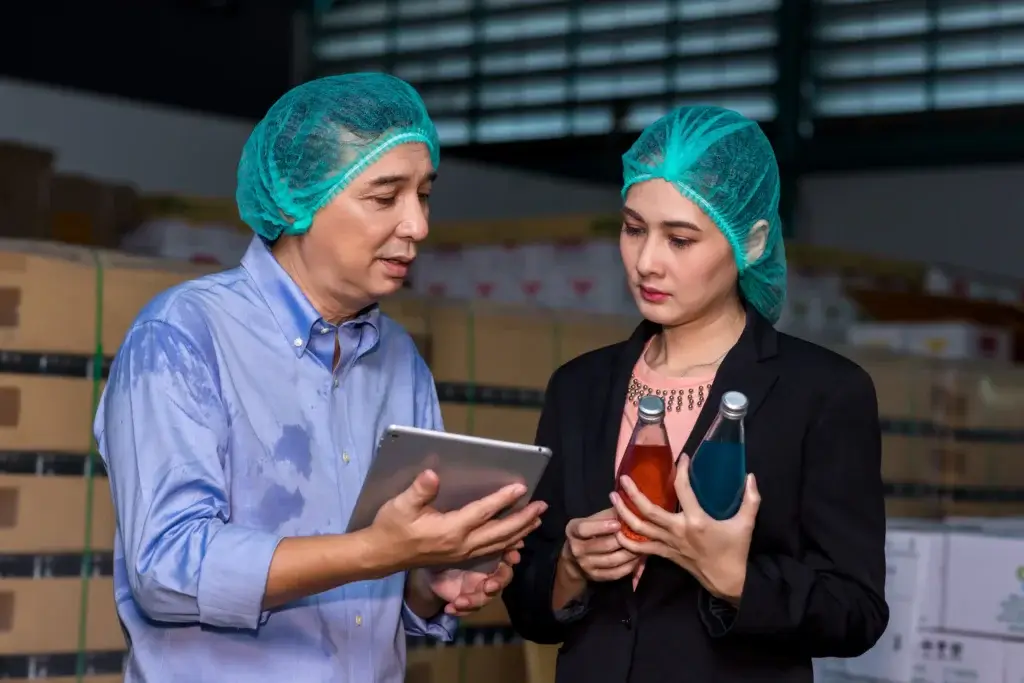 factory-workers-checking-bottled-products